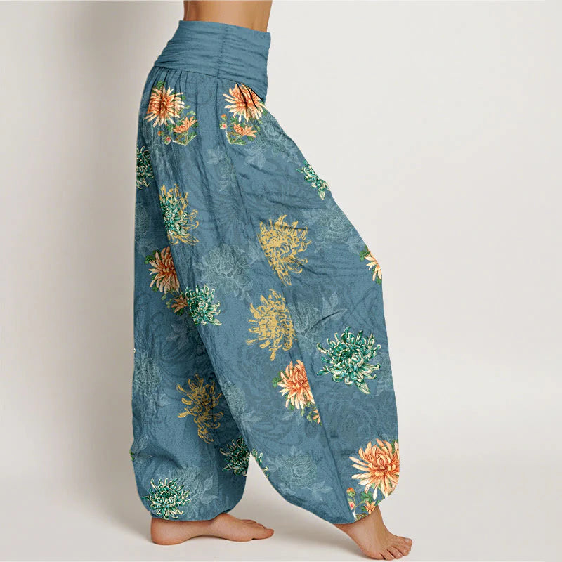 Buddha Stones Cotton Various Colors Chrysanthemum Pattern Women's Elastic Waist Harem Pants