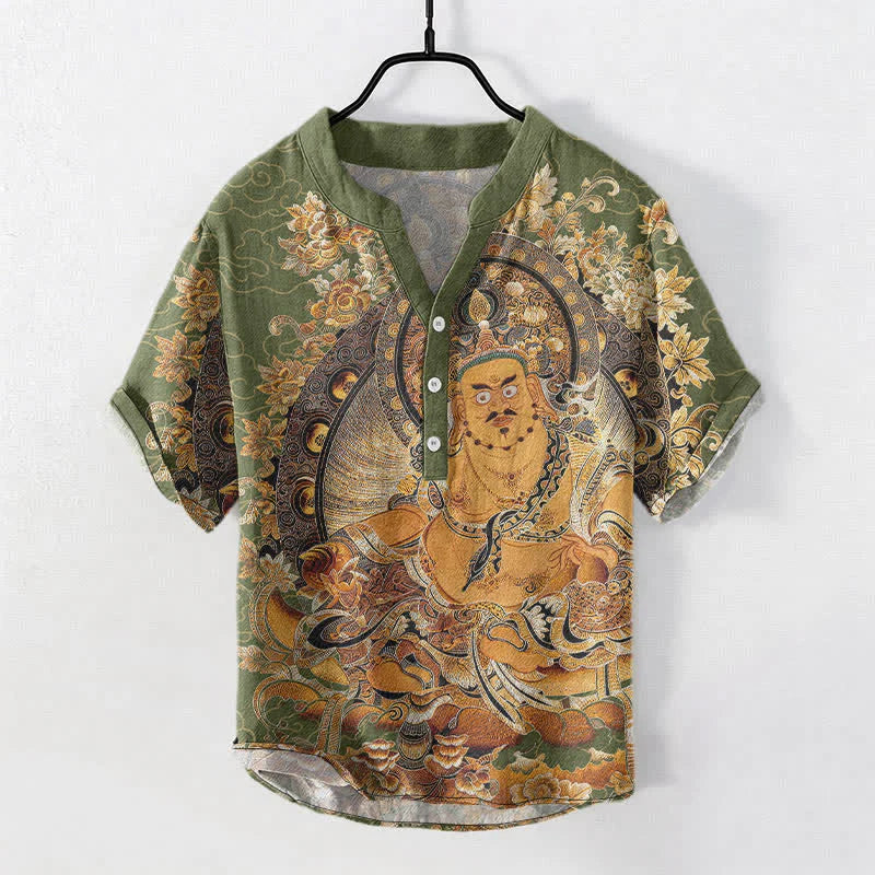 Buddha Stones Cotton Gold Buddha Floral Print Men's Short Sleeve Half Button Shirt
