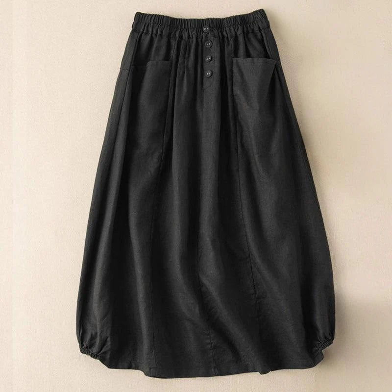 Buddha Stones Summer Solid Button Elastic Waist 7-8 Length Women's Skirt With Pockets