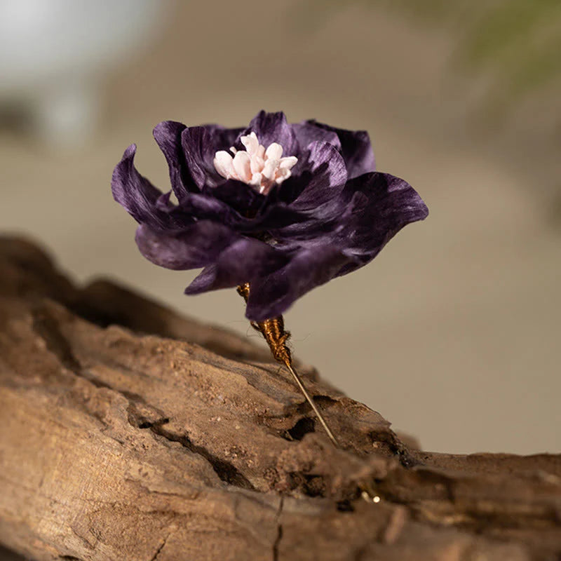 Buddha Stones Handcrafted Silk Art Purple Peony Flower Good Fortune Brooch