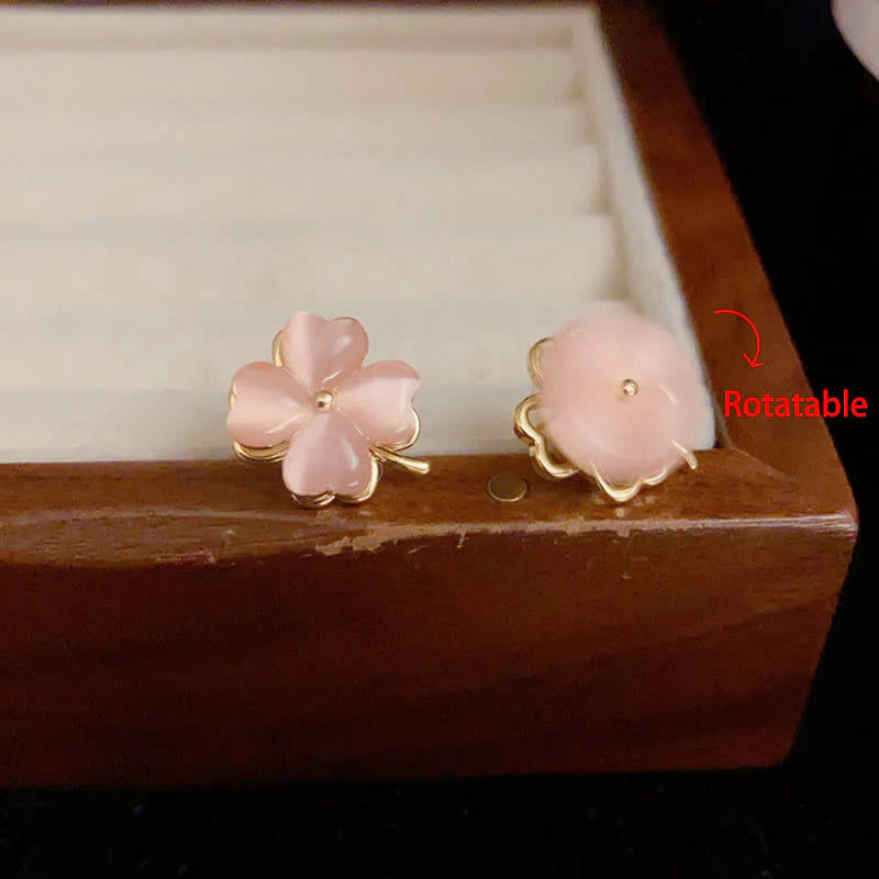 Buddha Stones Rotatable Design Four-Leaf Flower Pink Cat's Eye Support Stud Earrings