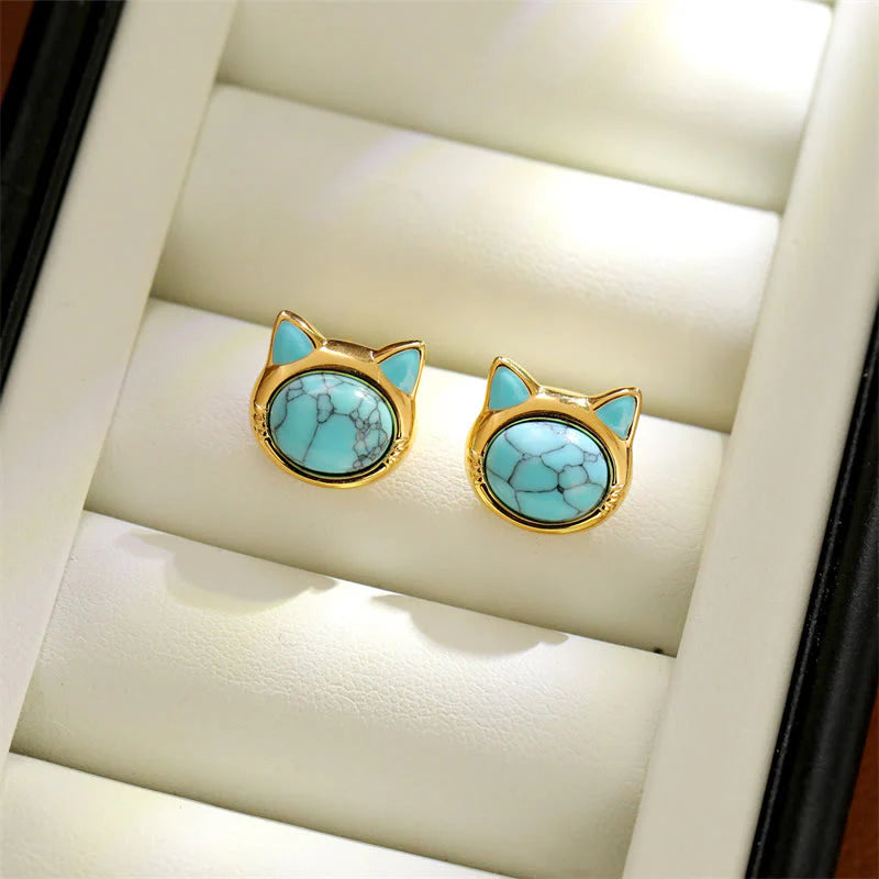 FREE Today: Protection and Courage Turquoise Tiger Eye Cat Head Design Copper Stud Earrings