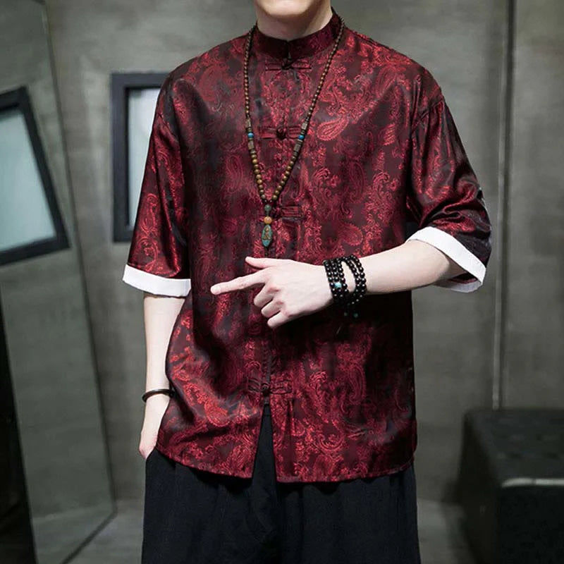 Buddha Stones Summer Cashew Flowers Pattern Men's Frog-Button Half Sleeve Shirts