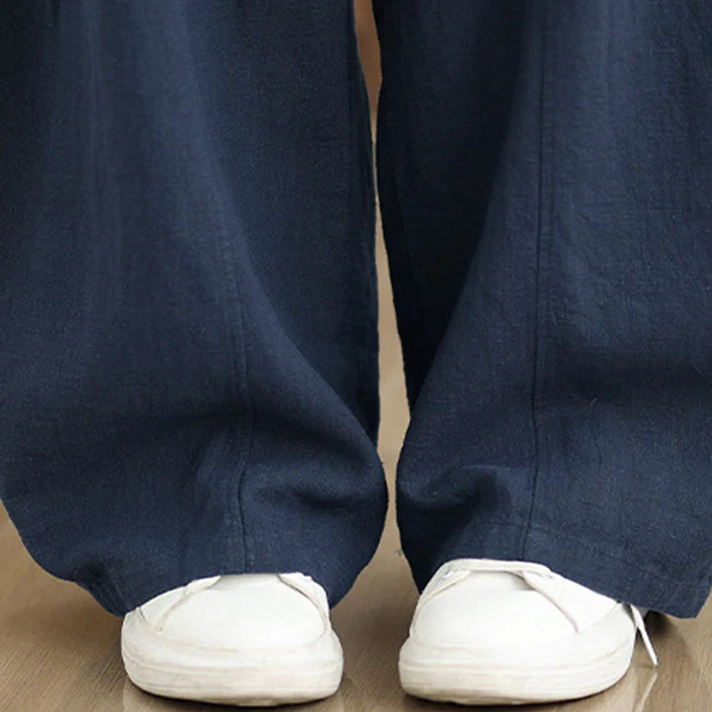 Buddha Stones Solid Color Cotton Linen Women's Straight Leg Pants With Pockets