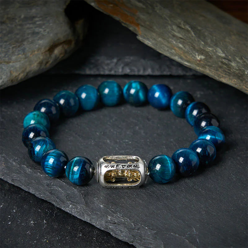 Buddha Stones Natural Blue Tiger Eye Om Mani Padme Hum Strength Bracelet