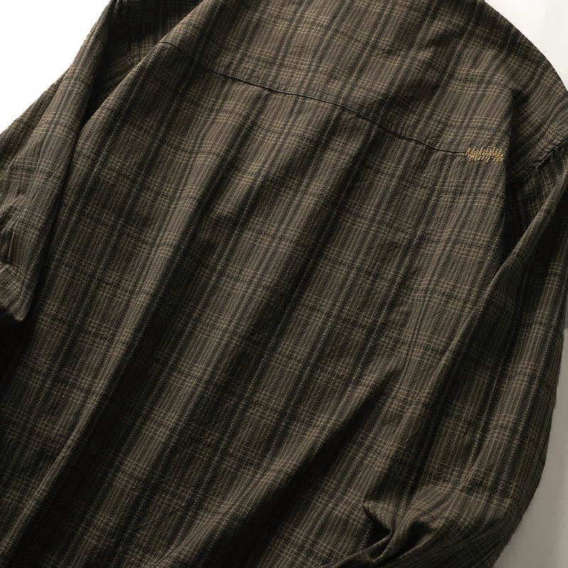 Buddha Stones Fall Commute Embroidery Plaid Pattern Men's Cotton Long Sleeve Shirts With Pocket