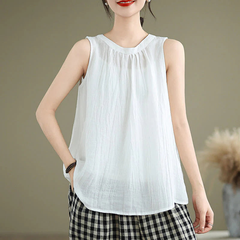 Buddha Stones Summer Wrinkles Simple Design Crew Neck Cotton Linen Women's Sleeveless Vest Waistcoat