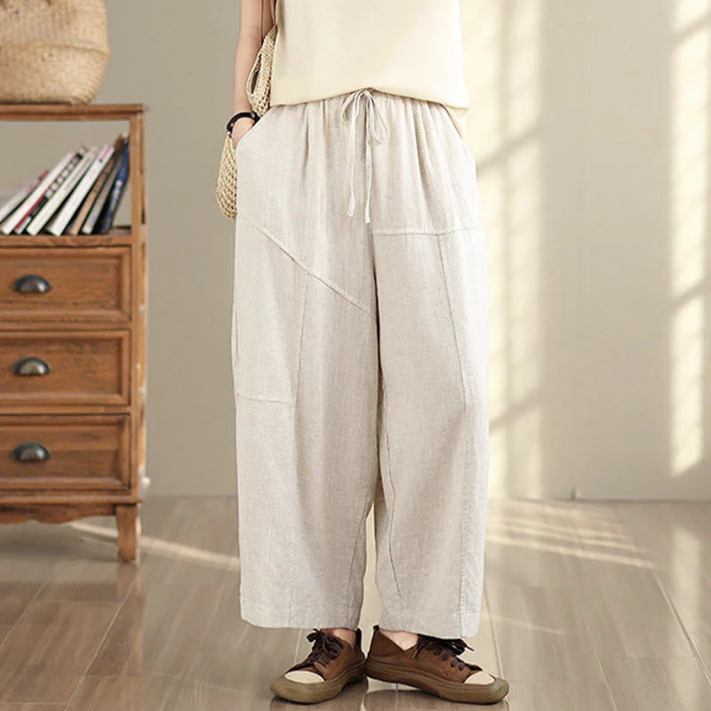 Buddha Stones Women's Fall Plain Color Drawstring Cotton Linen 7-8 Length Pants With Pockets