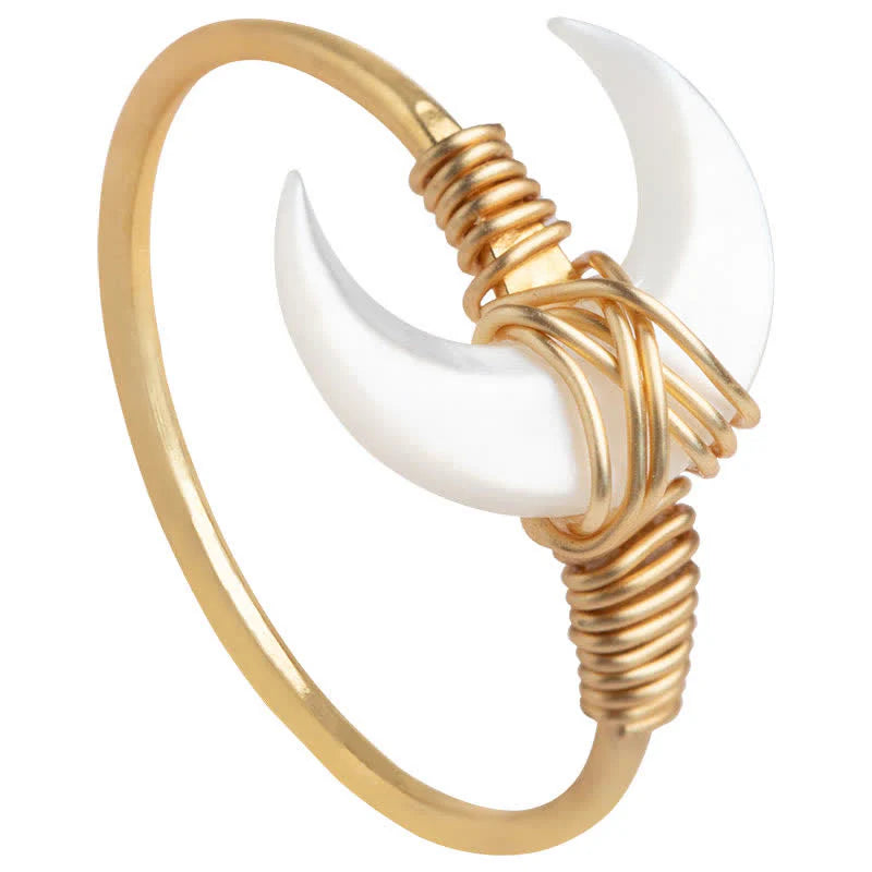 Buddha Stones Natural Tridacna Stone Moon 14K Gold Blessing Ring