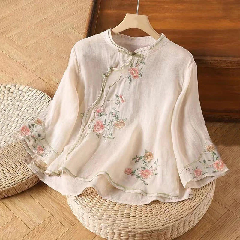 Buddha Stones Casual Vintage Embroidery Flower Pattern Chinese Frog-Button Crew Neck Design Women's Cotton Linen Shirt