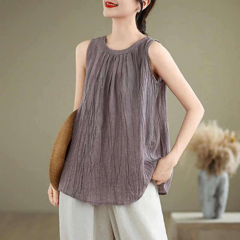 Buddha Stones Summer Wrinkles Simple Design Crew Neck Cotton Linen Women's Sleeveless Vest Waistcoat