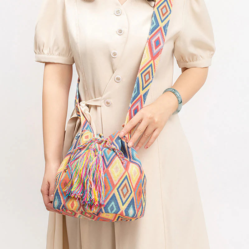 Buddha Stones Colorful Geometry Flowers Print Canvas Bucket Crossbody Bag Shoulder Bag
