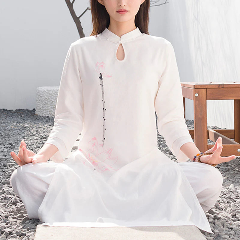 Buddha Stones 2Pcs Lotus Pattern Tai Chi Meditation Yoga Cotton Linen Clothing Top Pants Women's Set  (Extra 30% Off | USE CODE: FS30)