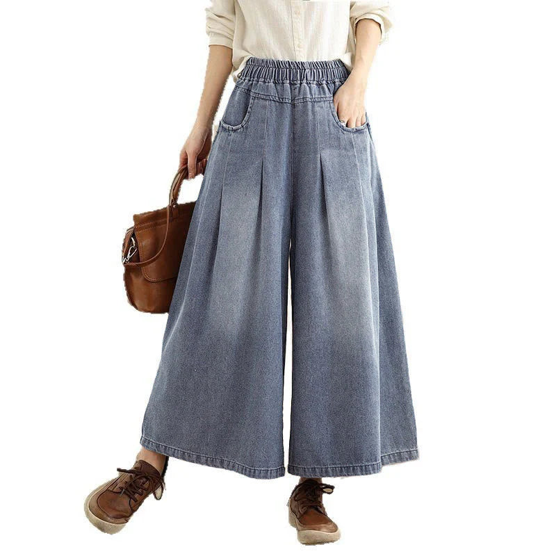 Buddha Stones Fall Vintage Distressed Design High Waist Women's Wide Leg Pants With Pockets
