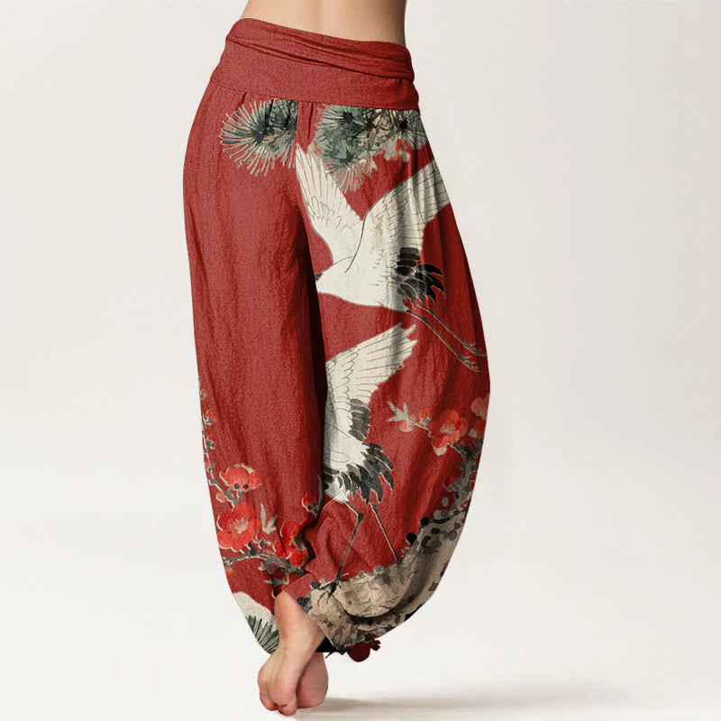 Buddha Stones Print Cranes Plum Blossoms Pattern Women's Elastic Waist Harem Cotton Pants