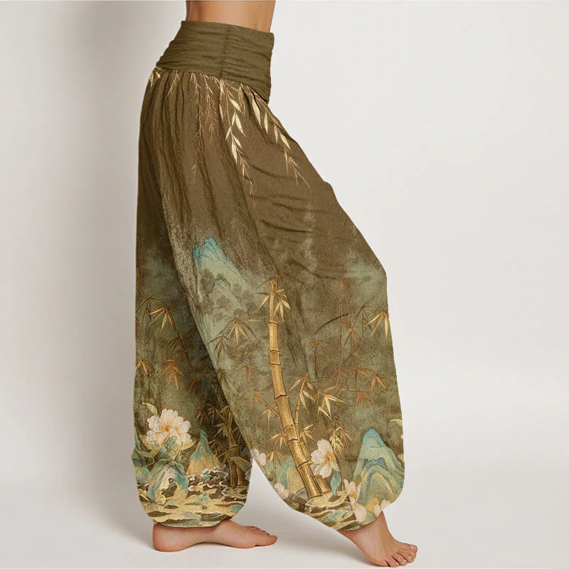 Buddha Stones Cotton Natural Landscape Bamboo Flowers Pattern Women's Elastic Waist Harem Pants
