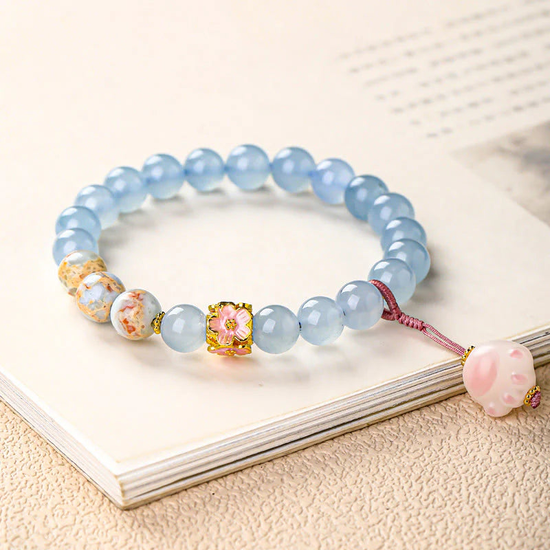 Buddha Stones Blue Chalcedony Fu Character Cat Paw Healing Bracelet