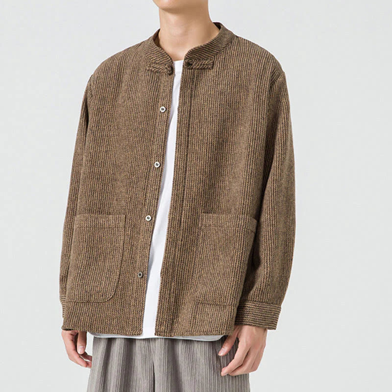 Buddha Stones Solid Color Frog-Button Long Sleeve Men's Cotton Corduroy Jacket With Pockets