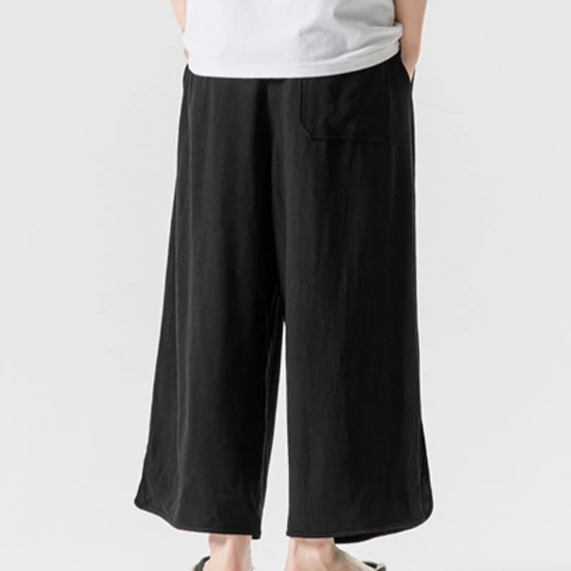 Buddha Stones Casual Loose Frog-Button Plain Men's Cotton Linen 7-8 Length Pants With Pockets