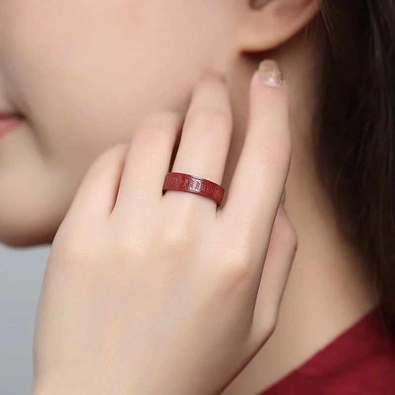 Buddha Stones Cinnabar Om Mani Padme Hum Heart Sutra Blessing Ring
