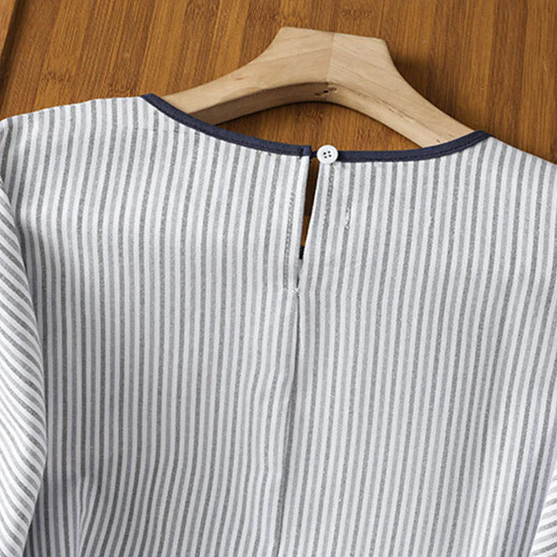 Buddha Stones Pullover Stripes Crew Neck Design Women's Cotton Short Sleeves Shirt