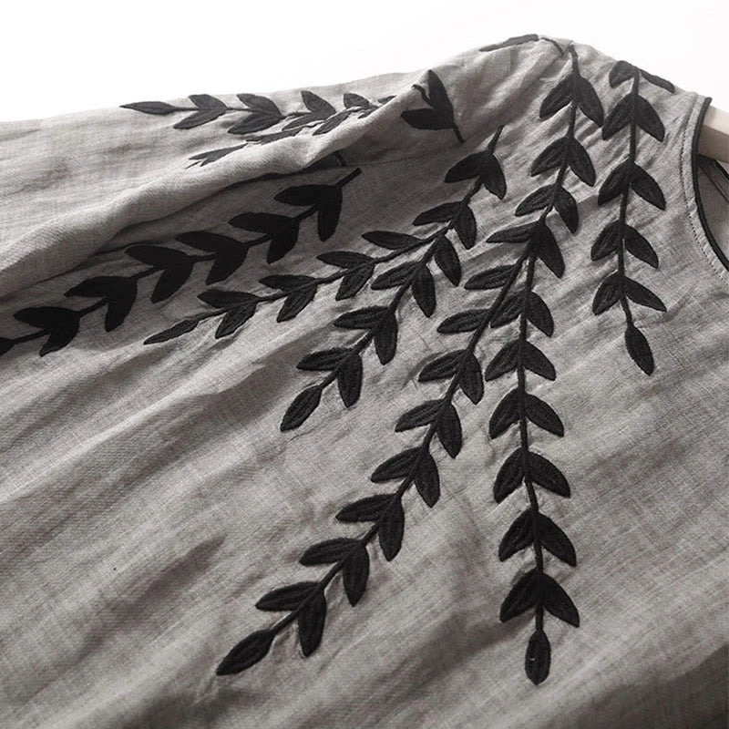 Buddha Stones Casual Embroidery Split Three Quarter Sleeve Cotton Linen Midi Dress