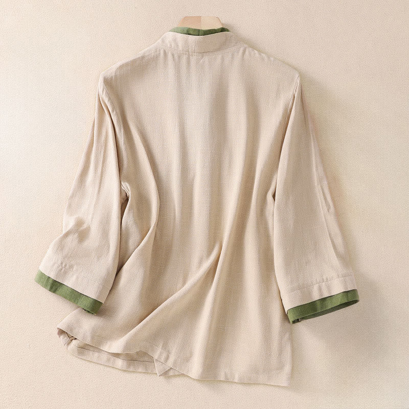 Buddha Stones Retro Lace-up Frog-Button Design Women's Three Quarter Sleeve Cotton Linen Shirt