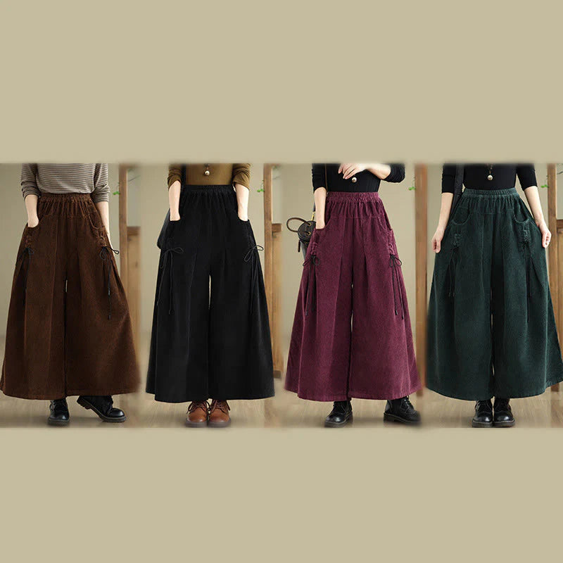 Buddha Stones Women's Pure Color Drawstring Design Wide Leg Corduroy Pants With Pockets