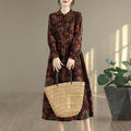 Buddha Stones Flower Pattern Long Sleeve Cotton Midi Dress With Pockets