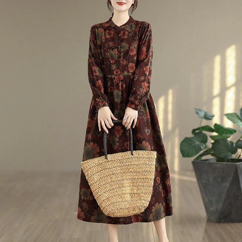 Buddha Stones Flower Pattern Long Sleeve Cotton Midi Dress With Pockets