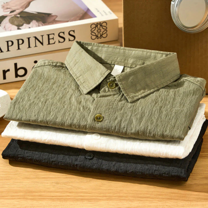 Buddha Stones Summer Solid Breathable Men's Buttons Short Sleeve Tencel Shirt