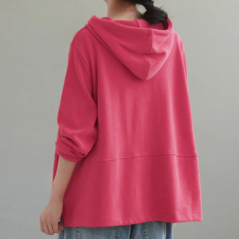Buddha Stones Fall Solid Color Side Buttons Cotton Long Sleeve Women's Hoodie