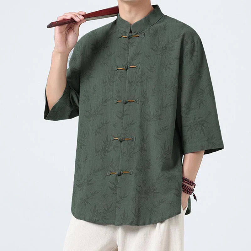 Buddha Stones Summer Bamboo Leaves Pattern Chinese Frog-Button Cotton Linen Short Sleeve Men's Shirt