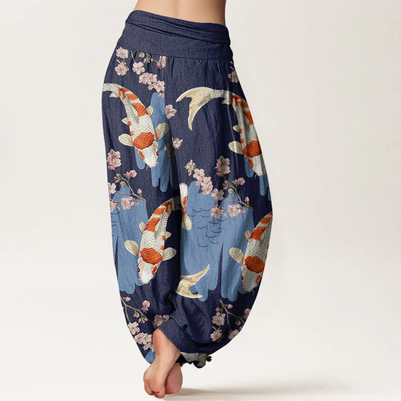 Buddha Stones Cotton Casual Koi Fish Cherry Blossom Pattern Women's Elastic Waist Harem Pants