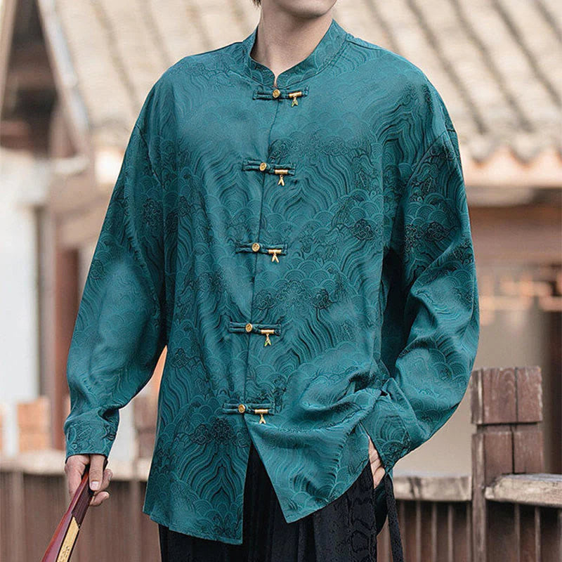 Buddha Stones Chinese Frog-Button Bamboo Shape Design Stand Collar Men's Long Sleeve Shirt