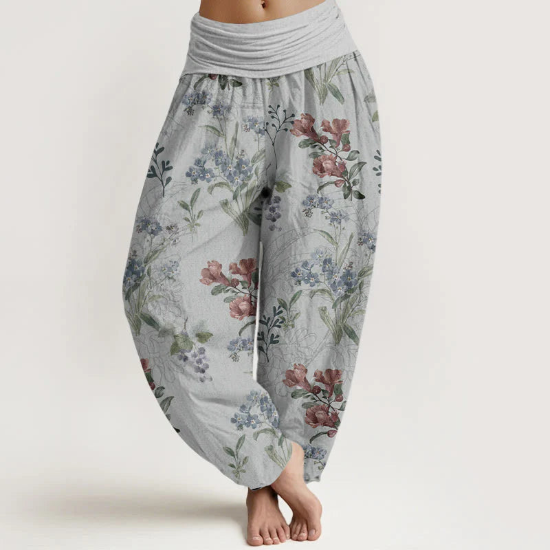 Buddha Stones Pure Cotton Red Blue Flowers Green Leaves Design Women's Elastic Waist Harem Pants