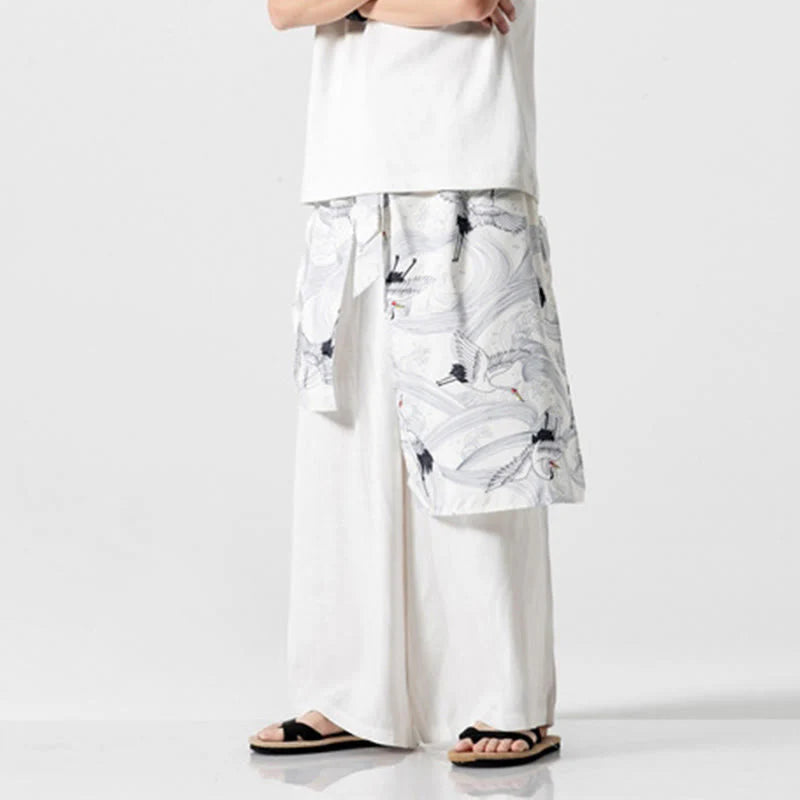 Buddha Stones Summer Flying Crane Design Cotton Men's Wide Leg Pants With Pockets