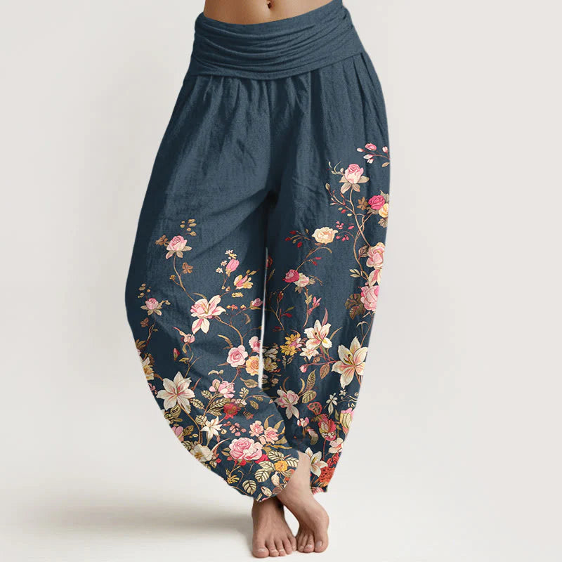 Buddha Stones Pure Cotton Exquisite Colorful Flower Pattern Women's Elastic Waist Harem Pants
