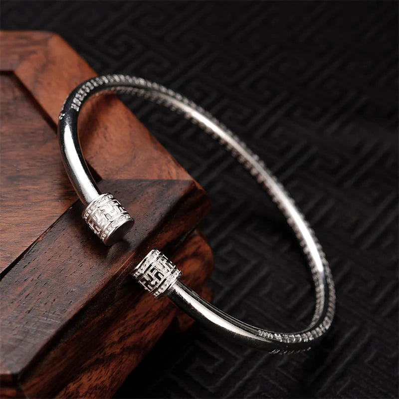 Buddha Stones Heart Sutra Engraved Swastika Pattern Luck White Copper Bracelet Bangle