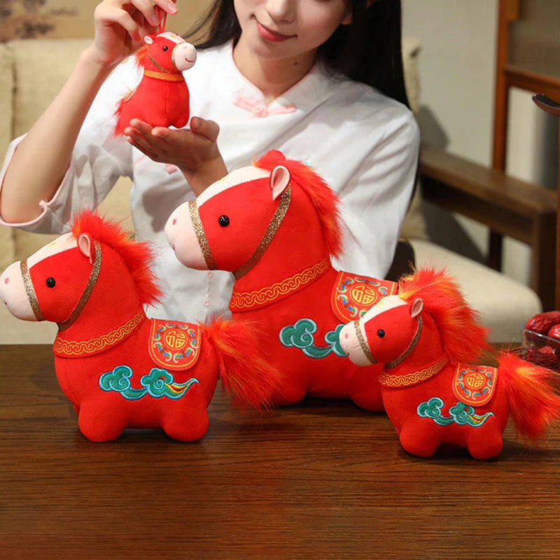 Buddha Stones Year Of The Horse Auspicious Cloud Pattern Stuffed Red Pony Plush Doll Home Decoration