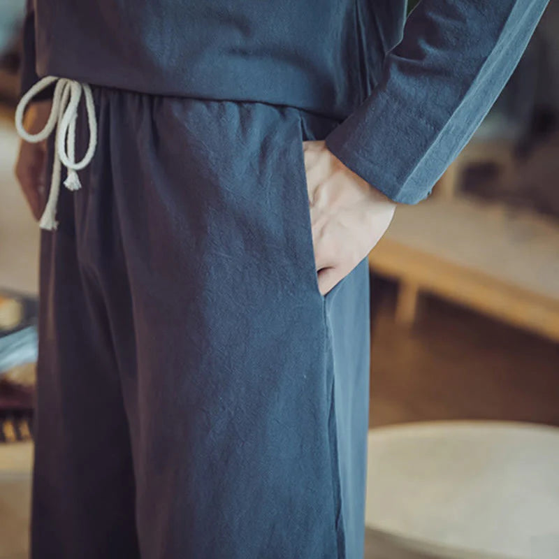 Buddha Stones 2Pcs Shirt Ankle-Length Pants With Pockets Men's Meditation Cloth Set