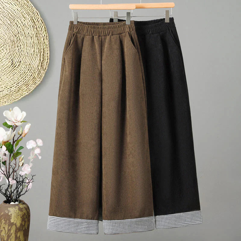 Buddha Stones Plain Elastic Waist Patchwork Plaid Women's Ankle-Length Wide Leg Corduroy Pants