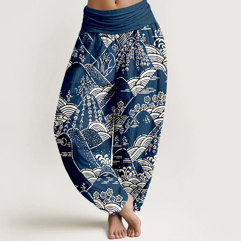 Buddha Stones Printed Mountains Waves Floral Pattern Women's Elastic Waist Harem Pure Cotton Pants