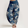 Buddha Stones Printed Mountains Waves Floral Pattern Women's Elastic Waist Harem Pure Cotton Pants