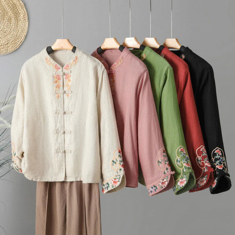 Buddha Stones Embroidery Flower Long Sleeve Frog-buttons Cotton Women's Shirt
