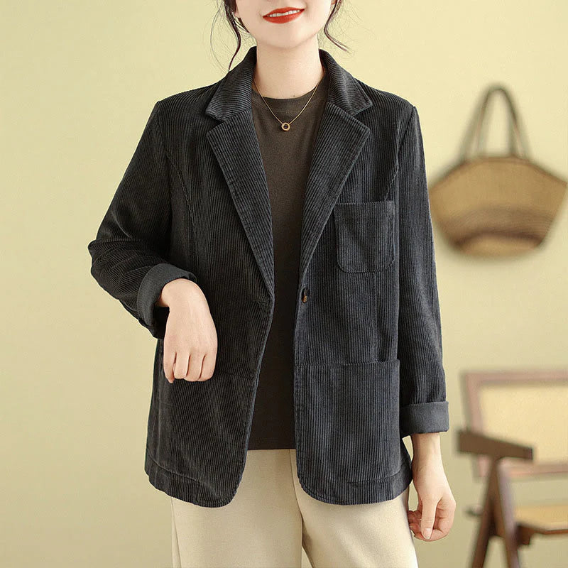Buddha Stones Retro Plain Women's Long Sleeve Corduroy Jacket With Pockets