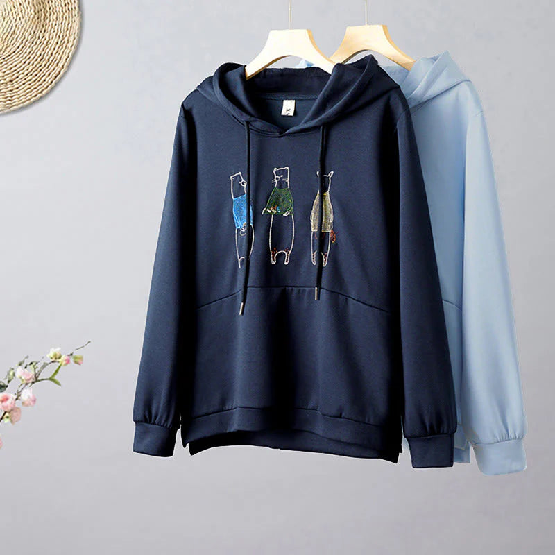 Buddha Stones Fall Embroidery Bear Long Sleeve Women's Hoodie