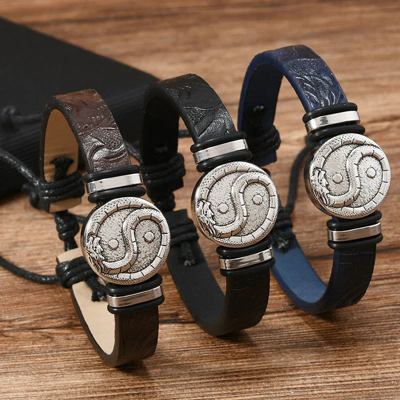 FREE Today: Balance and Strength Round Engraved YIN YANG Dragon Leather Bracelet