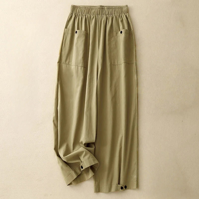 Buddha Stones Causal Vintage Solid Color Button Design Women's Wide Leg Cotton Pants With Pockets