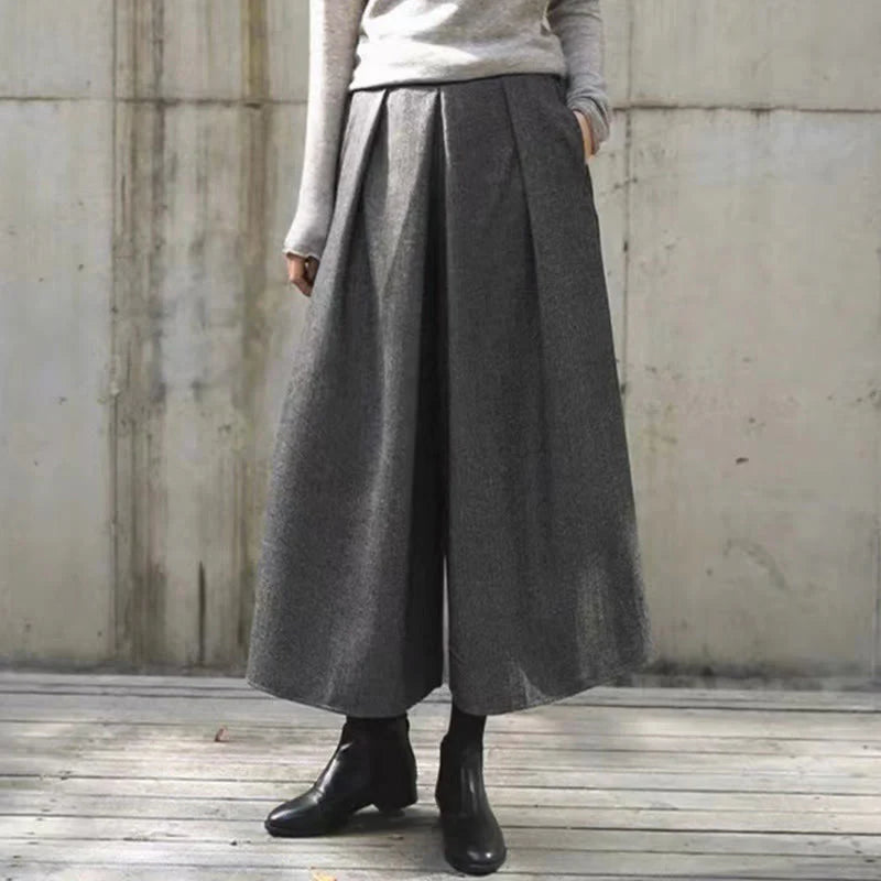 Buddha Stones Plain Elastic Waistband Design Women's 7-8 Length Wide Leg Pants With Pockets